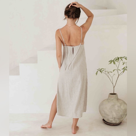 Natural/White Gingham Midi-Dress with Square Neck & Side Slit - Linen & Cotton - Picture 2 of 9